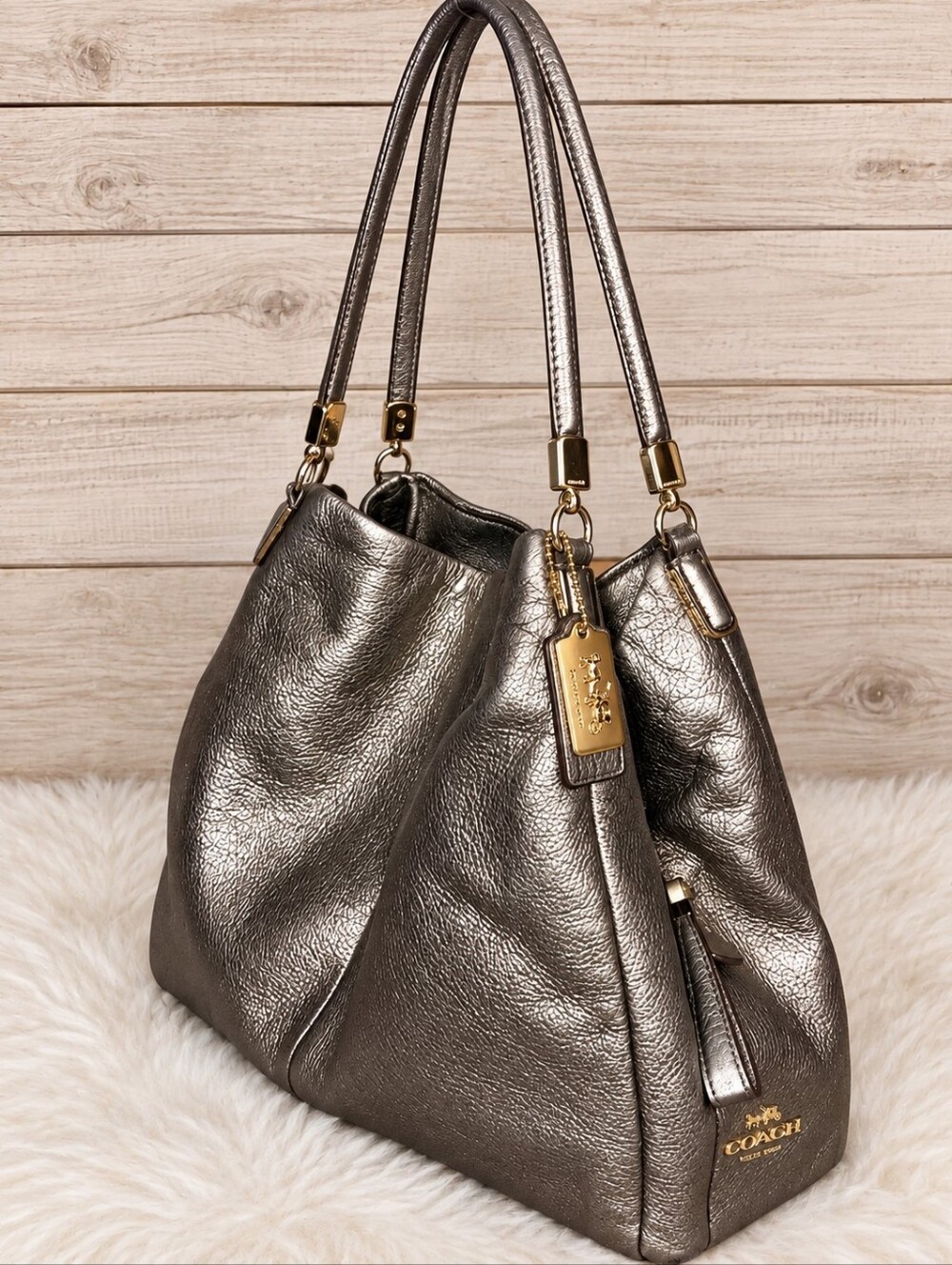Coach Metallic Pewter Leather Shoulder Bag with Gold Hardware